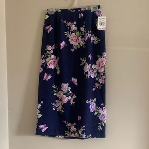 Alfred Dunner Navy Midi Skirt with Pink & Lavender Floral Print 314